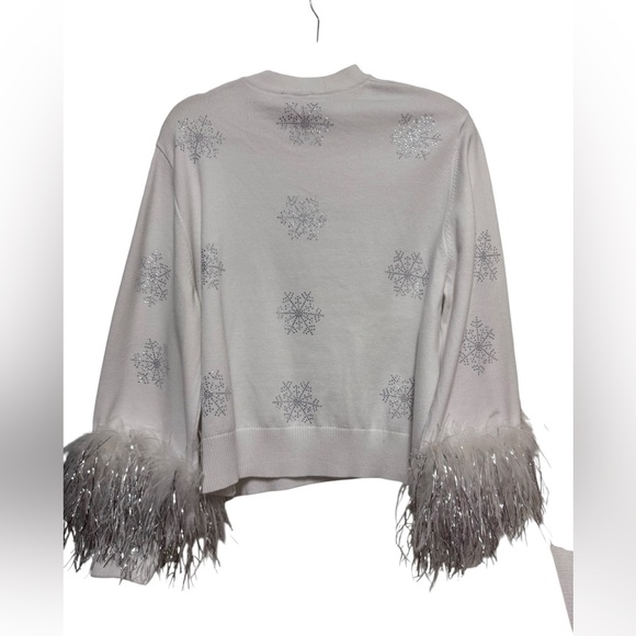 QUEEN OF SPARKLES White Sequin Snowman Crewneck with Feather Cuffs NWOT SIZE S - Picture 2 of 7